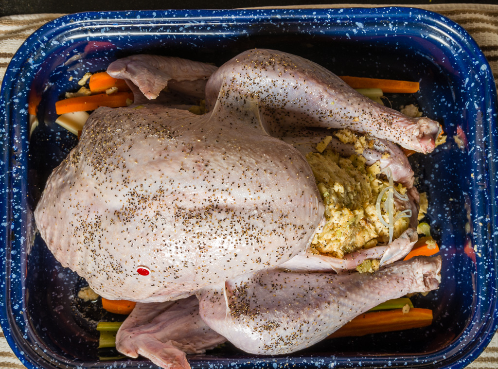 Turkey in blue roasting pan