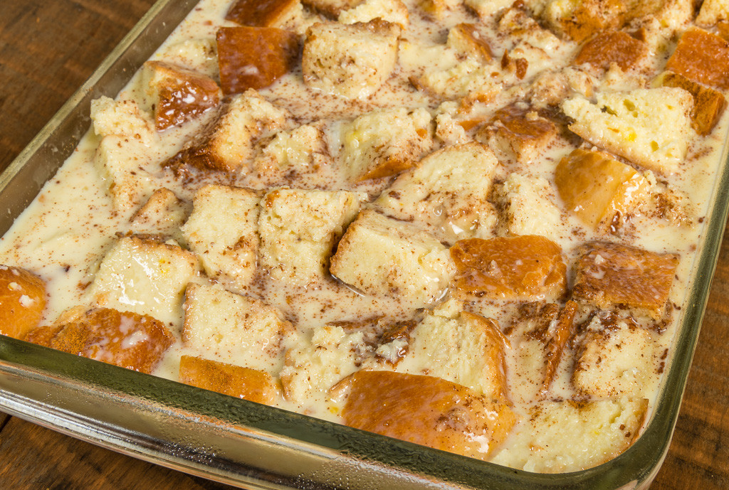 Bread pudding in a glass baking dish