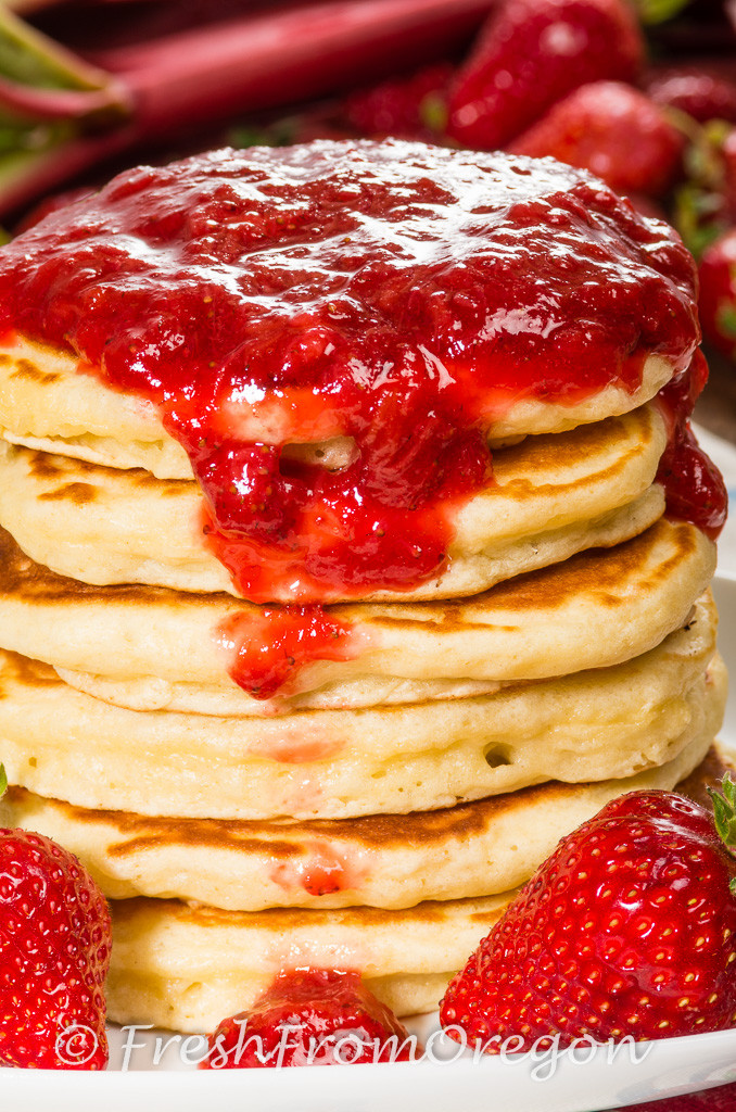 Pancakes topped with Strawberry Rhubarb Sauce